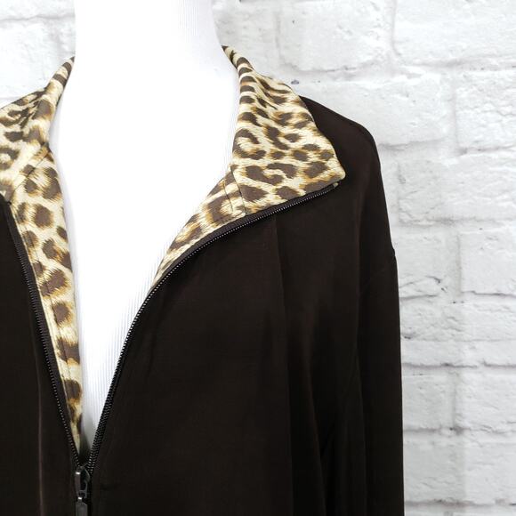 Chico's Travelers Sz 3 Jacket Brown Leopard Animal Print Trim Zipper Front XL 16 - Picture 4 of 9